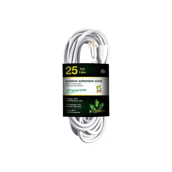 Gogreen SJTW Extension Cord, 16 AWG, Outdoor, 16/3, 1 Outlets, White, 25 ft GG-13725WH - main